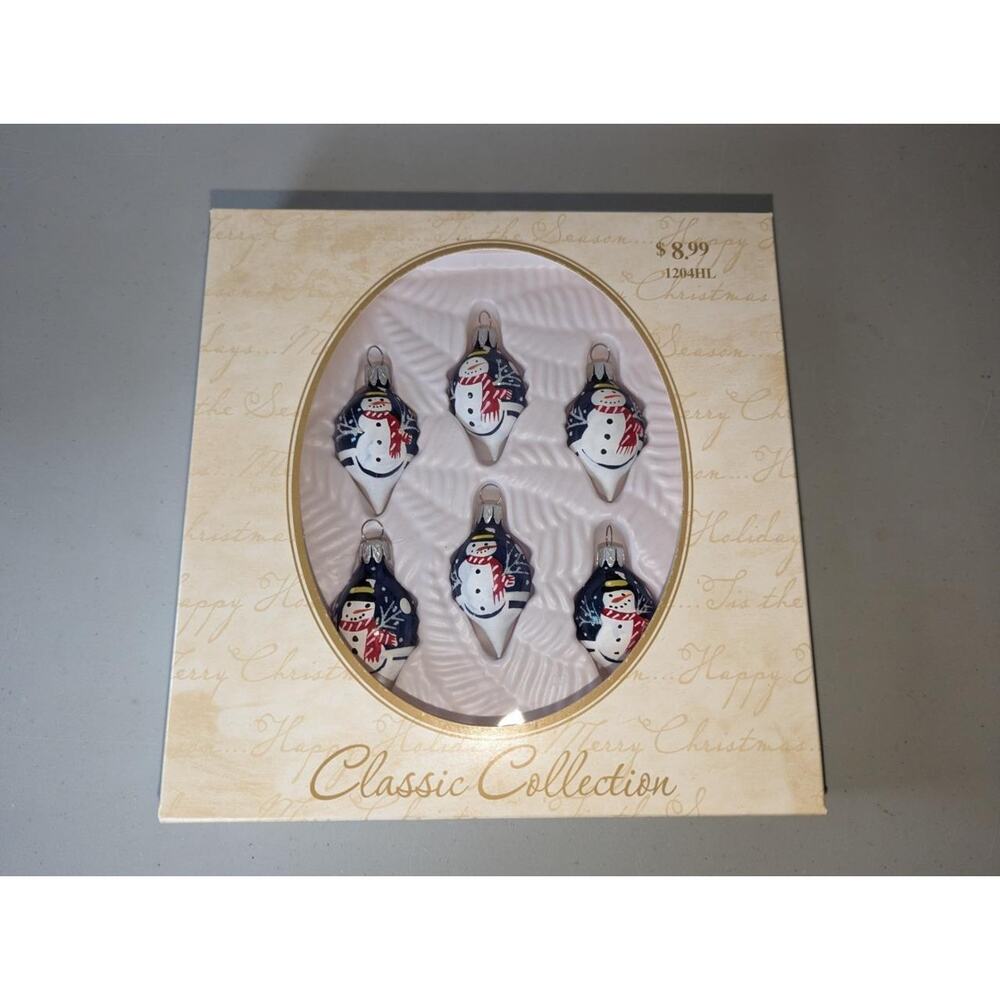 6 Glass Christmas Ornaments 2004 Hand Painted Snowmen Teardrop -0923